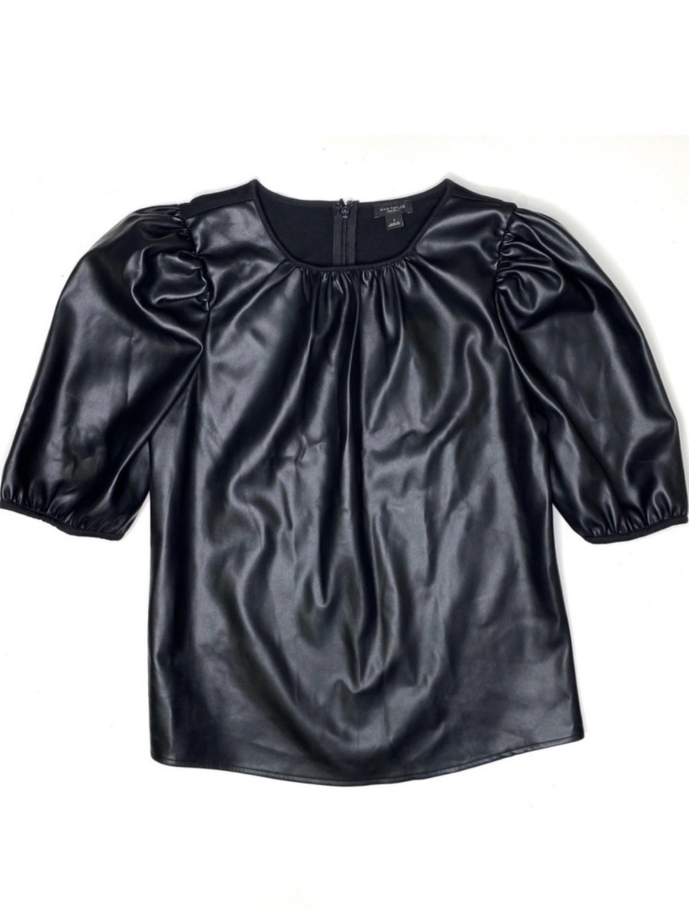 Ann Taylor Black Faux-Leather Puff Sleeve Top